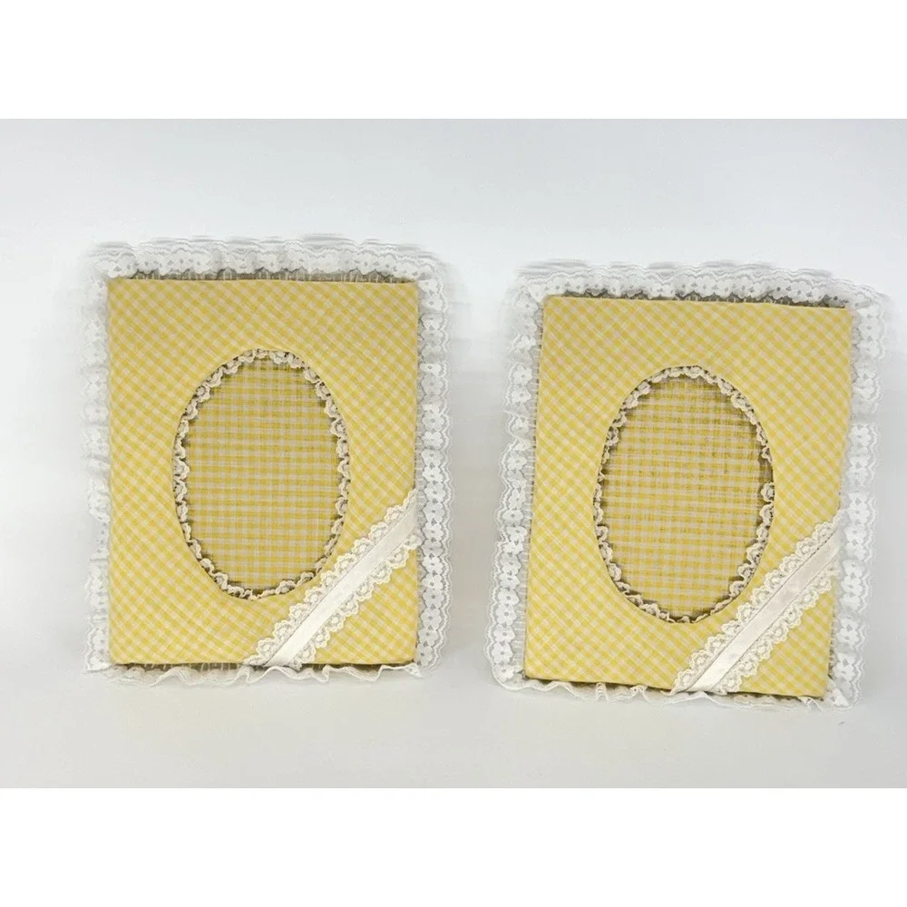 2- Yellow Gingham And Lace Cottagecore Picture Frames 9.5x7.5 Baby Nursery